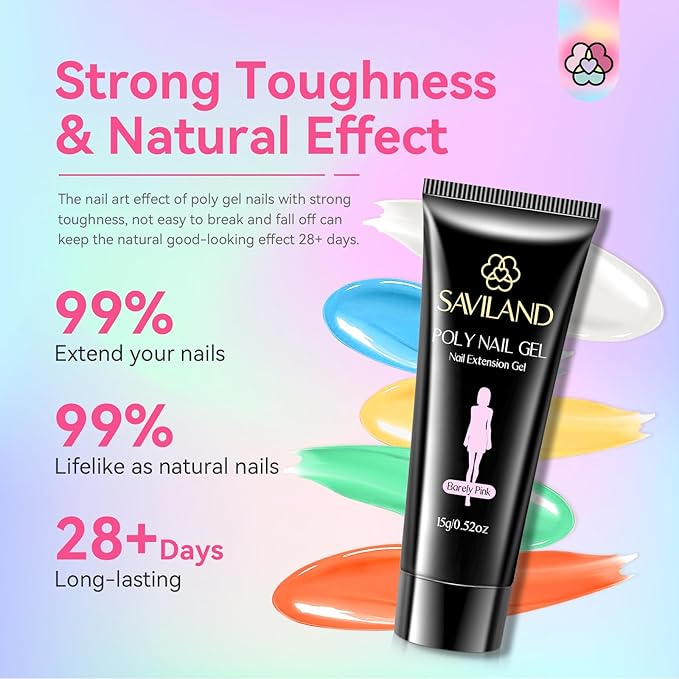 SAVILAND Hema-Free Poly Gel Nail Colors: 20 Colors Nail Extension Gel Kit Bright Rainbow Pink Purple Blue Color Collection Poly Gel Nail Kit for Daily Nail Art DIY Nail Salon Gift for Girls