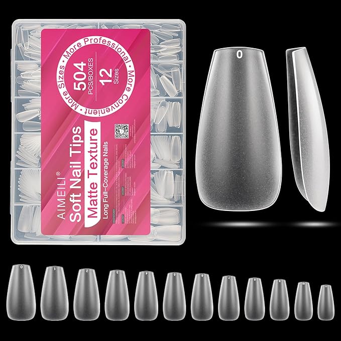 AIMEILI Medium Coffin Nail Tips, 504Pcs Pre-Shape Full Matte Press On Nail Fake Nails for Nail Extension Full Cover False Nails Gelly Tips DIY Nail Salon 12 Sizes