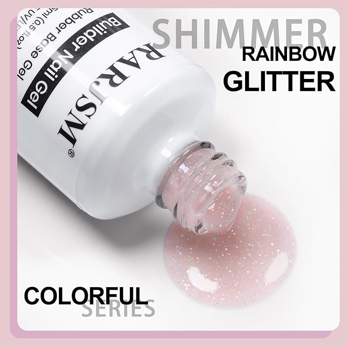 RARJSM Nude Light Pink Rainbow Glitter Rubber Base Coat Gel Nail Polish Natural Skin Tone Iridescent Shimmer Brush on Extend Jelly Gelpolish Soak Off Curing Requires 15ml Salon Home French Manicure