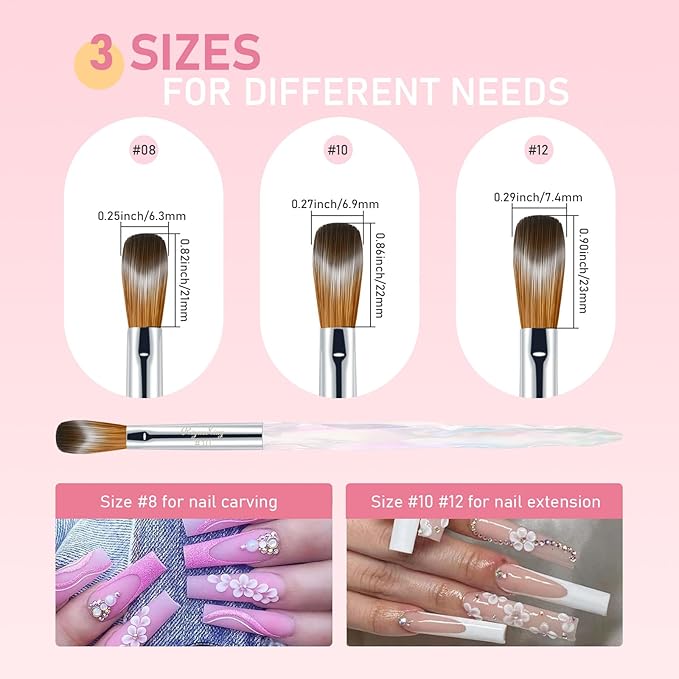 3PCS Acrylic Nail Brush Set, Size 8/10/12 Professional Nail Brushes for Application Acrylic Powder Brush for Nail Art DIY Home Salon Nail Manicure Tool