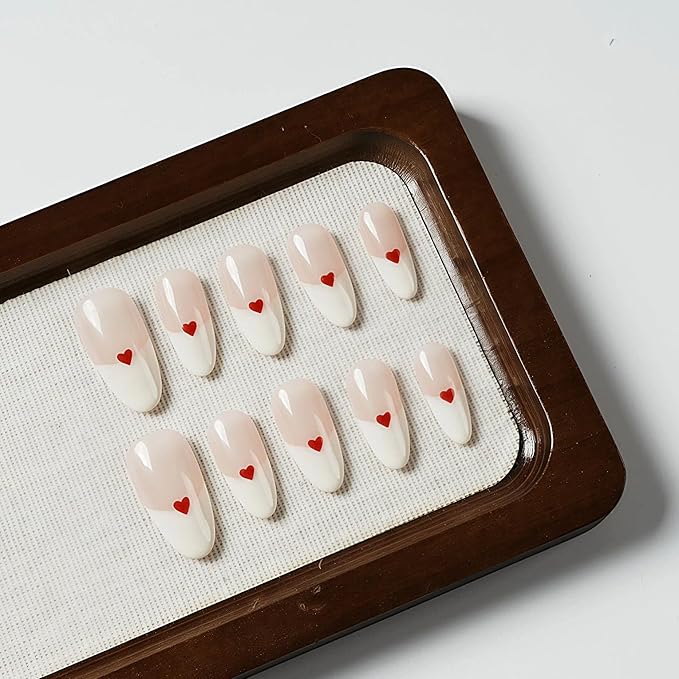Valentine's Day Press on Nails with Red Heart - Medium Almond Fake Nails Full Cover Glossy, Classic White Edge Design French Tip Handmade False Nails(Creamy Heart French,M)