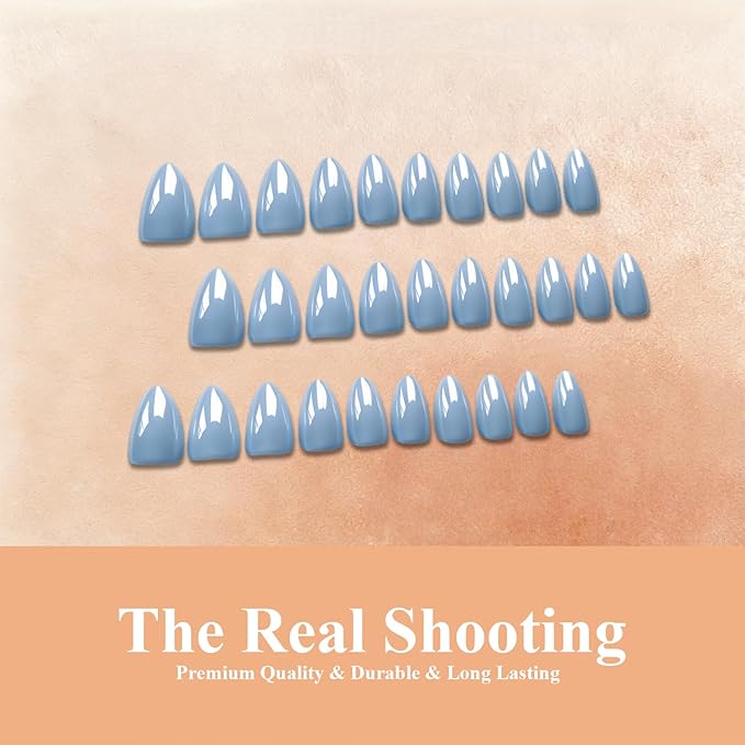 Chrome Baby Blue Press on Nails Short Almond, Glazed Cute Fake Nails with Sparkle Mirror Design, Shiny Glitter Glue on Nails Stiletto, Gel Nail Press ons with Glue for Fingernail 30 Pcs