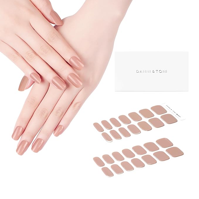 DANNI & TONI Semi Cured Gel Nail Strips Nude (Warm Nude) Skin Color Glossy Nail Wraps 28 Stickers