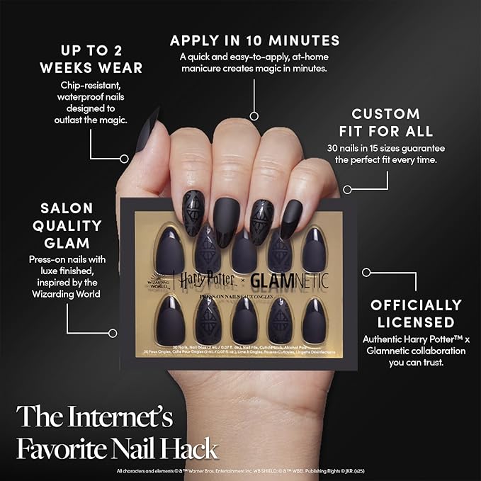 Harry Potter™ x Glamnetic Press On Nails - Deathly Hallows™ | Black Harry Potter™ Graphic Short Almond Nails in a Matte & Glossy Finish | 15 Sizes - 30 Nail Kit with Glue