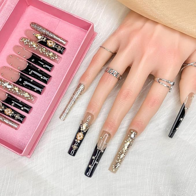 2025 100% Handmade Nails Long and Reusable PMMA Acrylic Press on Nails With Rhinestone Spot Black Design Reusable Full Coverage Fake Nails Handmade Nails Ladies Fake Nail Set (Black, M)
