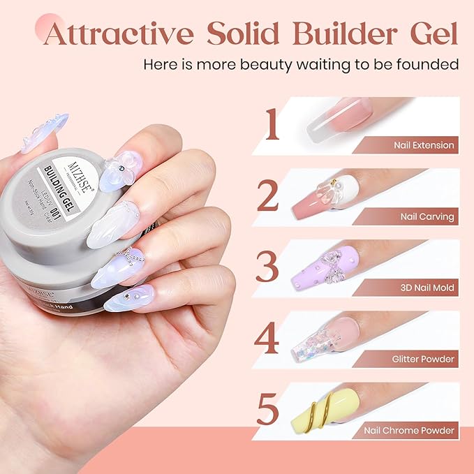 MIZHSE Clear Solid Builder Gel For Nails, 30g Non-Sticky Nail Extension Hard Builder Gel, Nail Strengthen 3D Sculpting Nail Art for Carving Modeling Soak Off Manicure Home