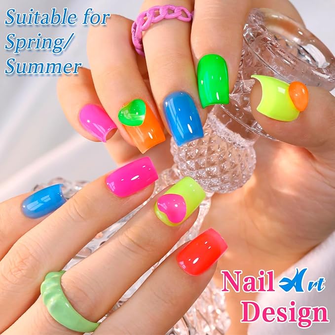 JR Gel Nail Polish 10pcs 0.4oz Neon Gel Nail Polish Set Vibrant Neon Colors Nail Art Kit for Rave & Summer Festivals, Elegant Bow Bottle Design, Quick Dry & Chip-Resistant Gifts for Women E Model