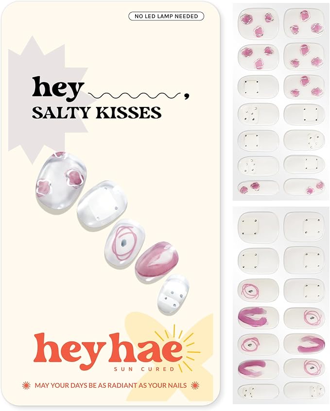 Heyhae Semi Cured Gel Nail Strips | No LED Lamp Needed | Glitter, Pink, Spring | Easy Apply & Remove, Salon Quality | Includes 28 Strips, 1 Prep Pads, Nail File & Wooden Stick - Hey, Salty Kisses