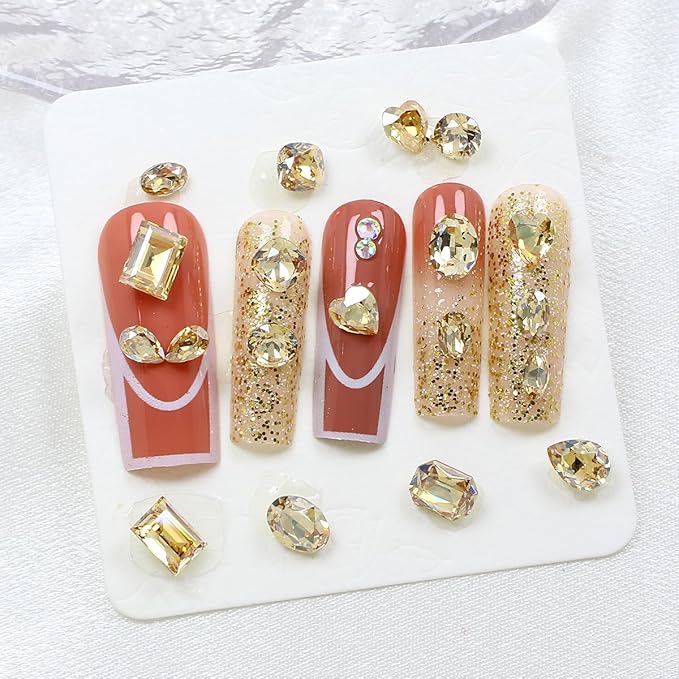 DONGZHOU 72pcs Mix Shape Nail Art Rhinestone,7 Styles Glass Nail Rhinestones Pointback Nail Gems Shiny 3D Nail Charms for Nail DIY Decorations Crafts,Golden Shadow
