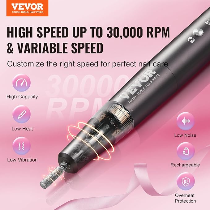 VEVOR Electric Cordless Nail Drill, 30,000RPM Variable-Speed Rechargeable Nail E File Machine, Nail Surface Smooth, Portable Manicure Pedicure Polisher with 50PCS Sanding Bands for Dead Skin Removal