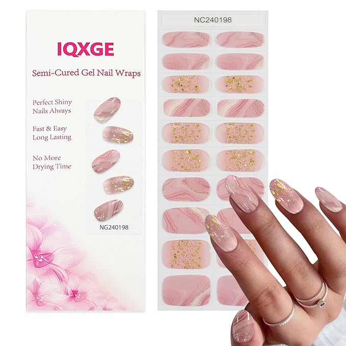 Pink Semi Cured Gel Nail Strips 20Pcs Gold Glitter UV Gel Nail Stickers with Design Glossy Marble Nails Polish Strips UV/LED Light Needed Self Adhesive Full Polish Nails Wraps for Women