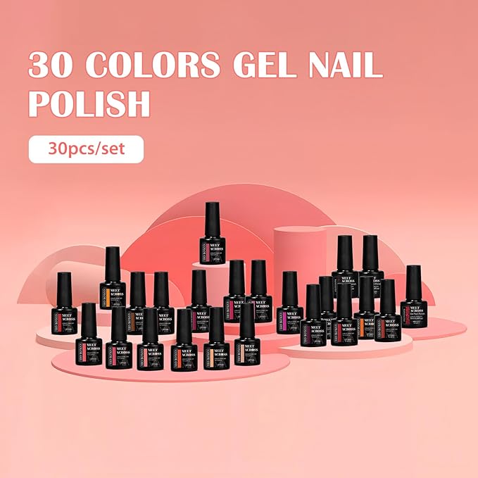 MEET ACROSS 30 PCS Red Gel Nail Polish Set, Burgundy Gel Kit Glitter Nail Polish Soak Off Rose Dark Red Shimmer DIY Home Salon Manicure Gifts for Women Girls