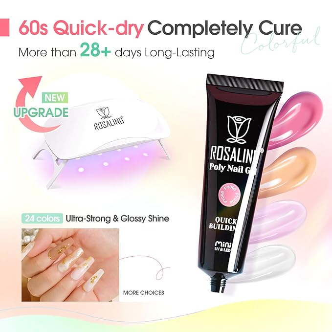 ROSALIND Poly Nail Gel Kit -24 Colors + Pink Brown with Accessories Clear Nude Poly Nails Gel Starter Kit with Mini UV Lamp Slip Solution Base Top Coat Nude Pink Extensions Set