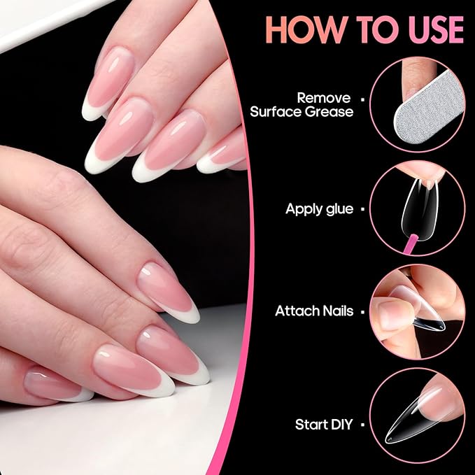 Ranrose Long Almond Nail Tips 240pcs Stiletto Soft Gel False Nails 12 Sizes Clear Full Cover Almond Shaped Press on Nail for Nail Extensions