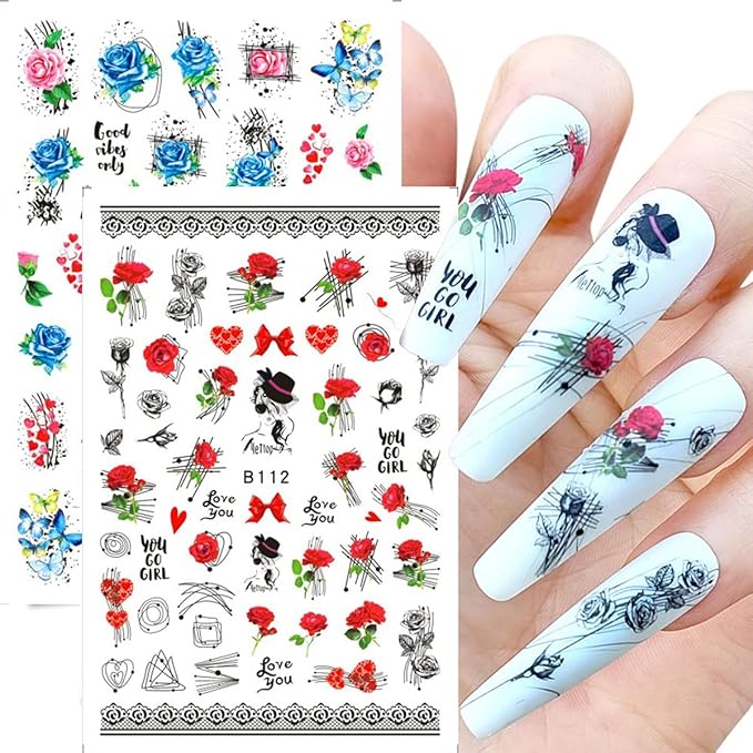12 Sheets Rose Flower Nail Art Stickers Decals 3D Colorful Floral Self-Adhesive Graffiti Abstract Rose Love Heart Leaf Curve Line Design Supplies for Women Girls DIY Acrylic Nails Art Decoration