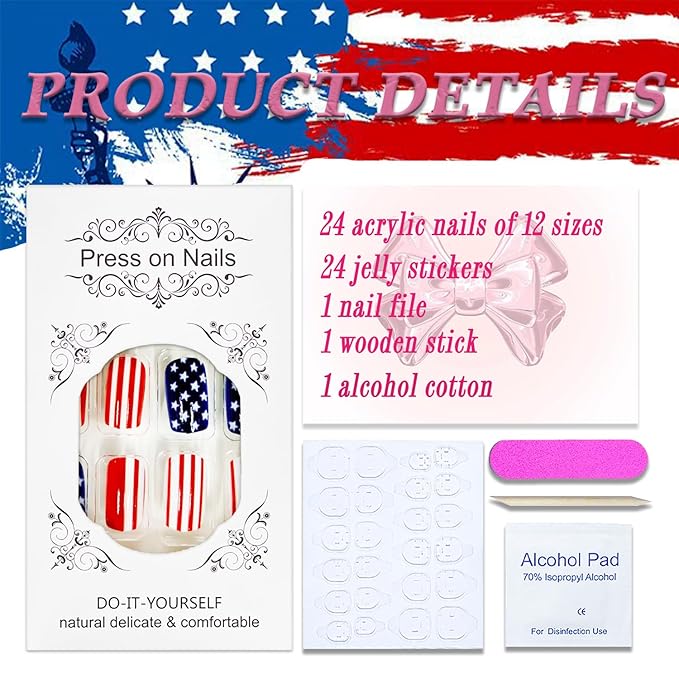 4th of July Press on Nails Medium Square MABKJLF Fake Nails False Nails with Stars Stripes Designs Full Cover Glossy Glue on Nails Blue Red White Acrylic Nails for Women Girls 24 Pcs