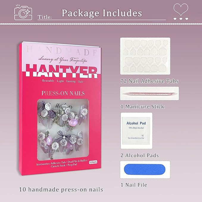 Glamorous Press on Nails Long Almond Stiletto,Purple Cat Eye Gradient False Nails with 3D Roses, Camellias Butterflies Chains Rhinestones, Luxe Glitter Fake Nails for Women 10Pcs Tools Kit(M)