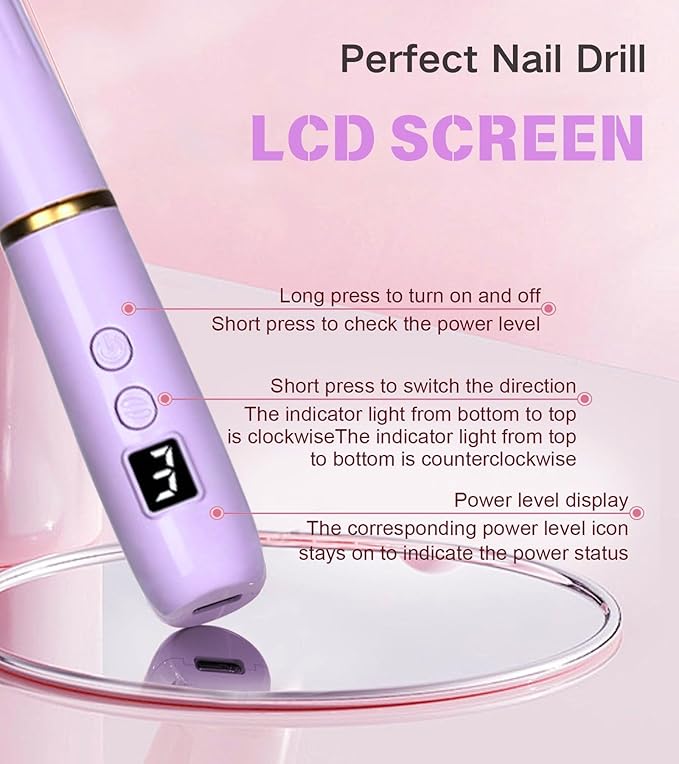 Electric Nail Drill Machine File Efile Set for Acrylic Gel Nails Portable Nail Drill Machine Kit Rechargeable Pedicure Tools for Hand Feet Manicure Pedicure Tools Polishing Set (Purple)