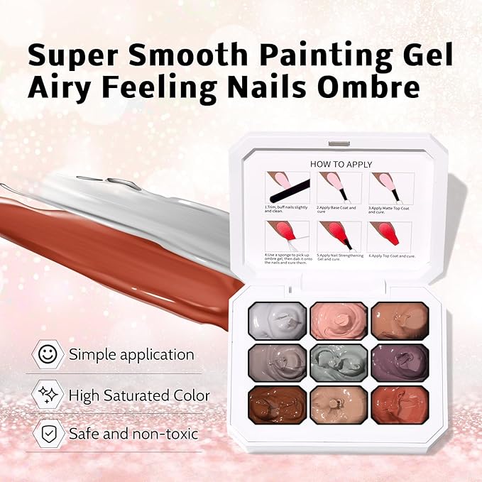 Sponge Pat Paint Nail Gel, 9 Colors Ombre Nails Gradient Gel Nail Blush Blooming Aura Nails Drawing Stripper Floral Painting Nail Art, No Wipe, UV/LED Curing (9 Colors G)