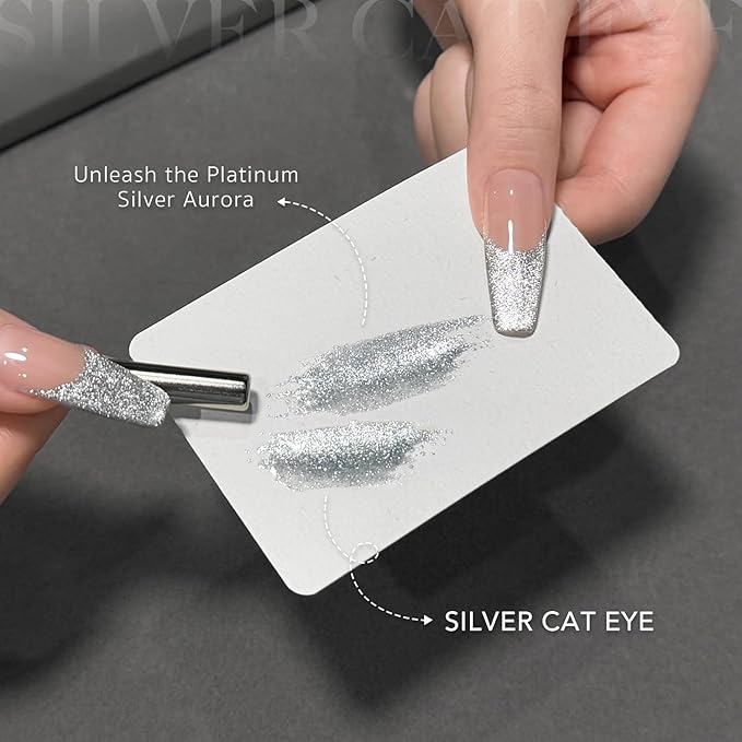 GAOY Silver Cat Eye Swirl Gel Nail Polish Art Liner, 12ml Glitter Holographic Reflective Color Nail Paint Design with Thin Brush, UV Light Cure for DIY French Manicure at Home