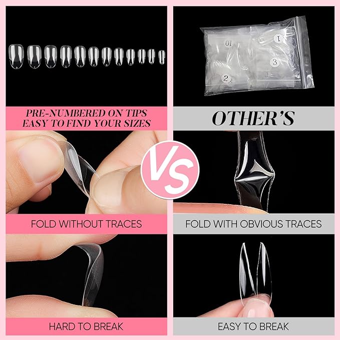 AIMEILI Short Oval Acrylic Nail tips Fake Nails, Pre-shape 504pcs Round Soft Gel Nail Tips Press on Nails for Full Cover False Nails 12 Sizes