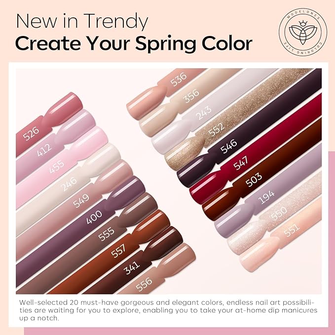 Modelones Dip Powder Nail Kit Starter, 20 Colors Pink Red Brown Spring Summer Dipping Powder Liquid Set Base&Top Activator for French Nail Art Salon DIY Kit