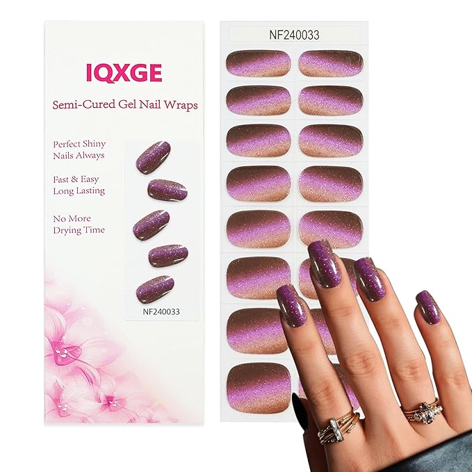 16Pcs Semi Cured Gel Nail Strips Purple Gel Nail Stickers UV/LED Light Needed Full Glitter Nails Wraps Glossy Nails Polish Strips for Women Includes Prep Pads, File, Wooden Cuticle Stick
