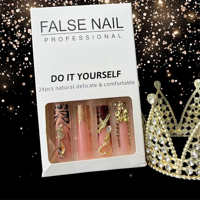XL Junk Nails Press On – 24Pcs Gold Charm False Nails, French Tip Long Coffin Shape DIY Fake Nails for Women, Bling Rhinestones Nail Kit for Baddie Nail Look (Designs, long pink)