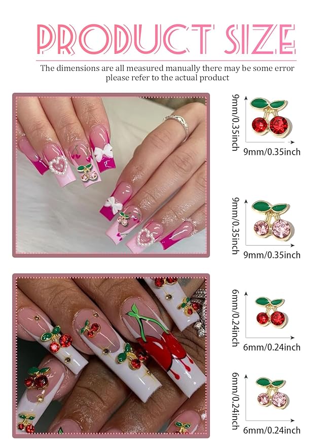 40Pcs Cherry Nail Charms, Wsimily 3D Cute Nail Art Charms Pink and Red Shiny Rhinestone Crystals Nail Accessories for Women Girls Nail Decorations DIY Craft Jewelry