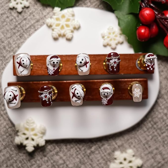 3D Snowman Press on Nails Short Coffin - 3D Embossed Burgundy Red and White Press-on Nails with Snowflakes, Necklace False Nails for Winter (Squeeze Snowman, S)