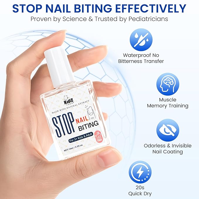 Nail Biting Treatment for Kids & Adults Clear Nail Polish for Nail Biting Prevention, Nail Strengthener & Growth, All-in-One Nail Care Solution, Thumb Sucking Deterrent for Nails 15 ml 0.5 oz