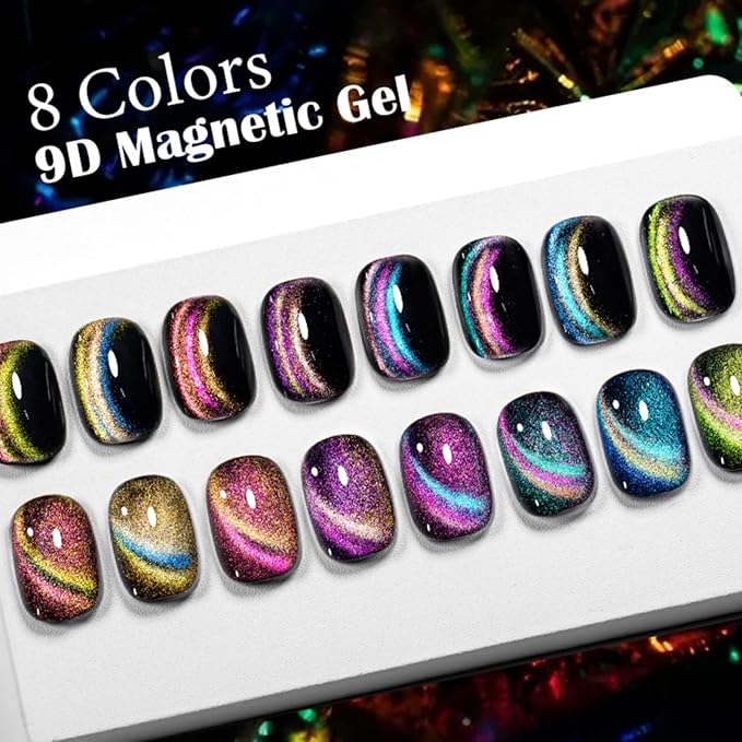 Rainbow Magnetic Gel Nail Polish - Super Bright Cat Eye Nail Art Dopamine Series 7 Color Set with Pure Black Gel and Magnet, Fashion Salon Cat Eye Art Design, Shiny Glossy Brilliant Women's Nail Tool