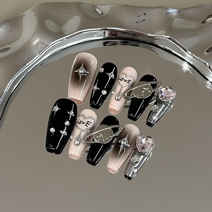 Long Ballerina Press-On Nails, Pink and Black with Silver Stars, Planet and Diamond Designs, 10 Pieces (Medium, LS)