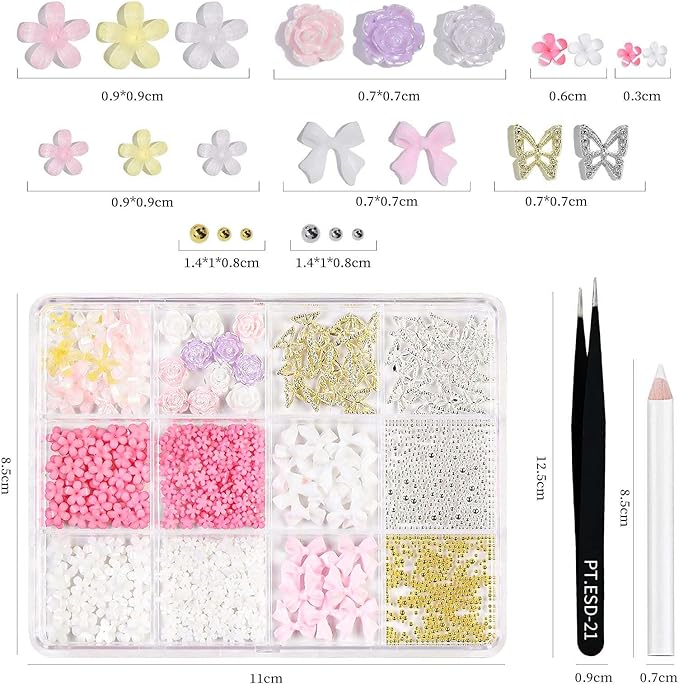 3D Nail Charms and Gems Kit Cute Colorful Flower Nail Charms Nail Beads Butterfly with Picker Tools Kawaii Nail Art Charms for Nails Design Supplies Junk Cases DIY Decor Accessories