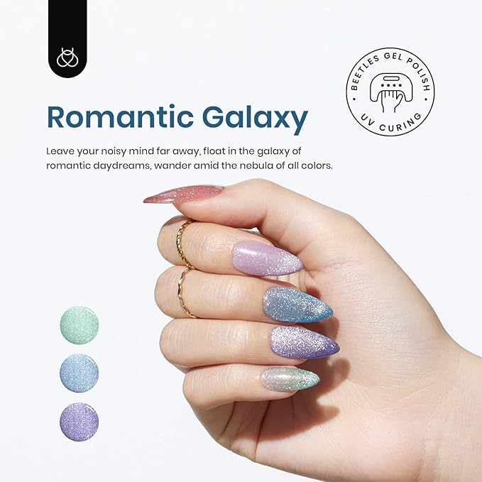 Beetles Cat Eye Gel Nail Polish, 6 Colors Glitter Gel Polish Kit Silver Pink Blue Purple Red Green Velvet Set with Magnet Soak Off UV French Nail Art Romantic Galaxy Series Gift for Women