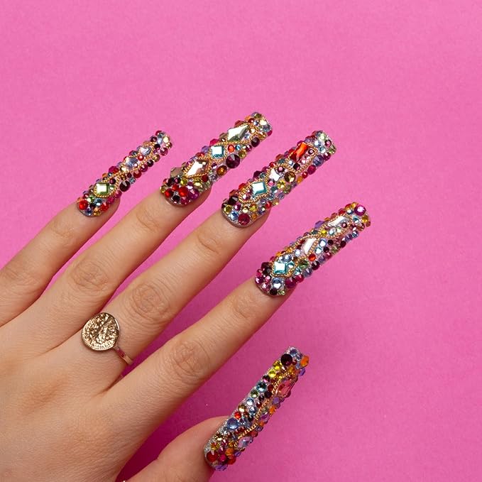 LOVFUL Press on Nails Precious | Handmade with Full Covered Crystals | Reusable Fake Nails | Square Mid length 1.7in | H175-S