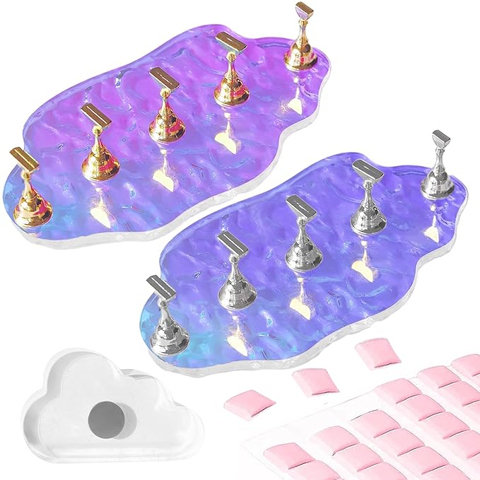 Press On Nail Stand Set - 2 Pcs Aurora Arcrylic Nail Holder for Painting Nails With A Mini Clear Nail Stand Base, Two Color Metal Nail Holders,Reusable Sticky Putty For Nail Art & Display