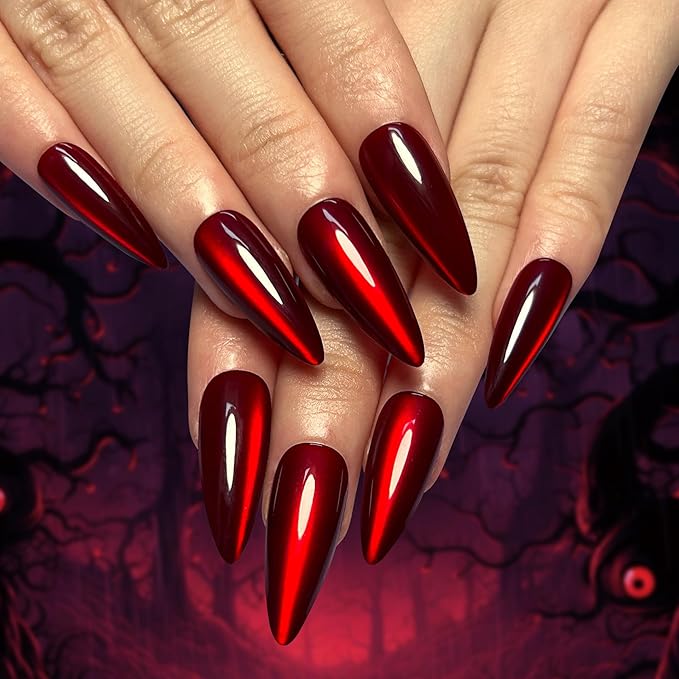 evpct Dark Red Cat Eye Press on Nails Almond Long, Soft Stick on Nail Long Almond for Women Gift, Bloond Red Metallic Glitter Soft Gel Reusable Press on Acrylic Fake Nail with Designs