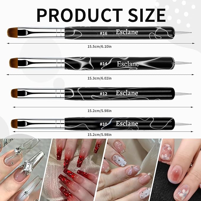 French Manicure Brush, Esclane 2 Way French Nail Brush with Dotting Tool for Manicure Cuticle Clean Up Nail Art Design, French Tip Brush (Black, #14)