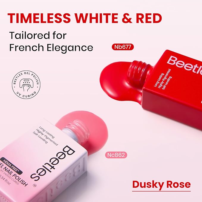 Beetles French Tip Gel Polish - Dusky Rose, 2 Colors Red & Jelly Pink Gel Nail Polish Set with Base Coat Top Coat, Soak Off UV LED French Nail Kit, Spring Nails Complete for Beginner & Professional