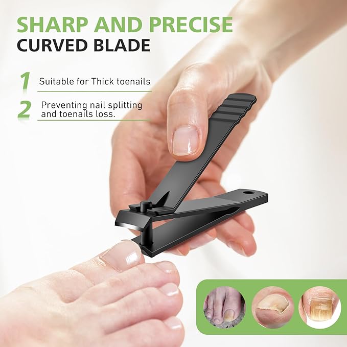 BALUCA Curved Toenail Clipper for Thick Nails, Heavy Duty Stainless Steel Toe Nail Clippers for Seniors, Men & Women, Stainless Steel Nail Cutter for Accurate Trimming and Grooming (All Black)