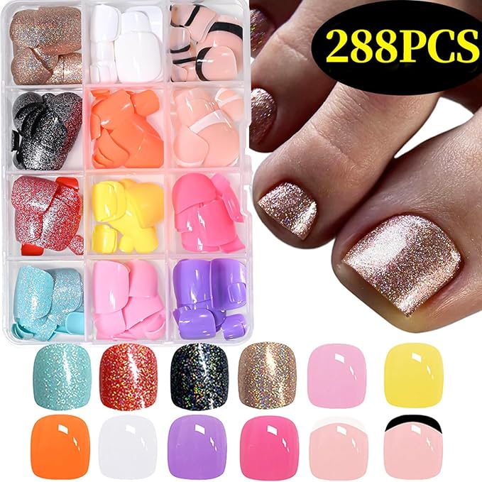 288Pcs Press on Toenails Short Square Toe Fake Nails with Glue Tabs,12 Color Gel Fake Toenails Press ons, Glitter French Glossy Glue on Toenail Acrylic Toes Nails False Presson Stick Toenail for Feet