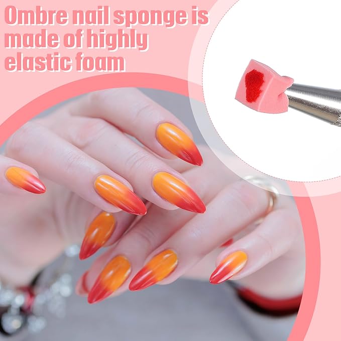 Mimorou 100 Pcs Ombre Nail Sponges Mini Nail Art Sponges with Grabbing Pen Storage Box Pink Ombre Brush Professional Tools Accessories Supplies Home Art Salon, 0.4"x0.4"