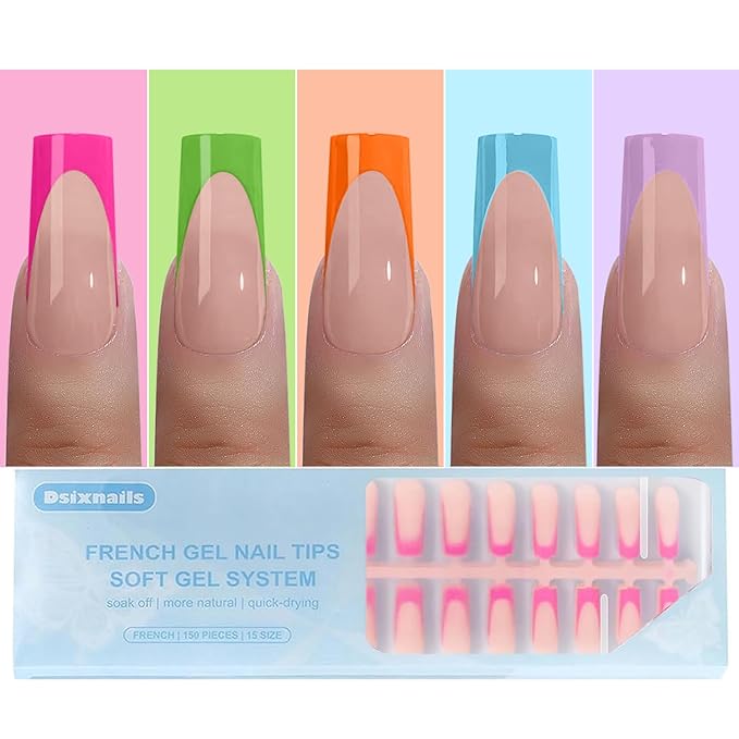 150pcs Long French Tip Press on Nails, 5 Styles Soft Square French Gel Nail Tips 15Sizes, Pre-lasting No Need to File Acrylic Fake Nail Tips, False Nail Tips Extension for Women Nails