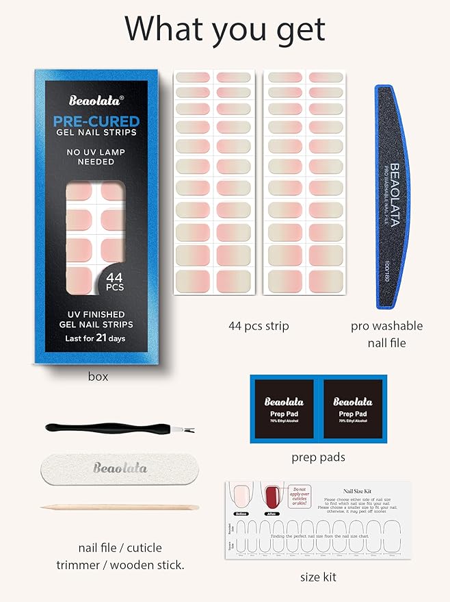 Real Gel Nail Strips (No UV Light Needed) - 44Pcs Salon Quality Nail Stickers - Long Lasting Polish Wraps for Women, Easy Apply & Remove (Berry Meringue Pink)