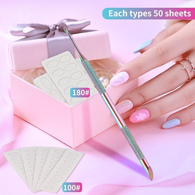 Pre-Treatment Cuticle Pusher, ASTONFOG Dual Ended Cuticle Remover Russian Prep Nail Pushers 100/180 Grit Sandpaper Sheets for Fingernails Toenails Manicure Pedicure Nail Art Care Tools