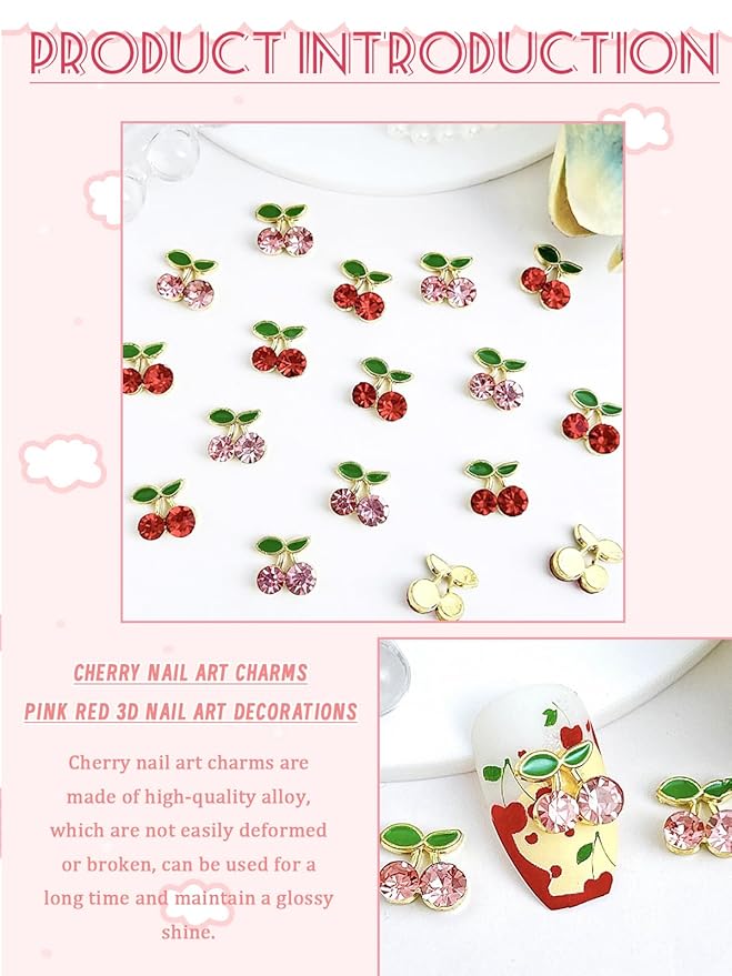 40Pcs Cherry Nail Charms, Wsimily 3D Cute Nail Art Charms Pink and Red Shiny Rhinestone Crystals Nail Accessories for Women Girls Nail Decorations DIY Craft Jewelry