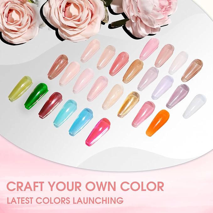 ROSALIND Jelly Gel Nail Polish Set, 30PCS 26 Colors Jelly Translucent Pink Milky White Nude Nail Gel Base and Glitter Glossy Matte Top Coat Translucent Collection French Nails Gift for Women