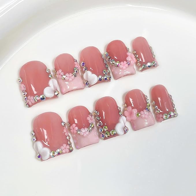 Handmade Press on Nails Square Short Fake Nails Pink French Tip with 3D Flower Designs Rhinestones Glossy luxury Cute Acrylic Nails for Women 10pcs (Size M）