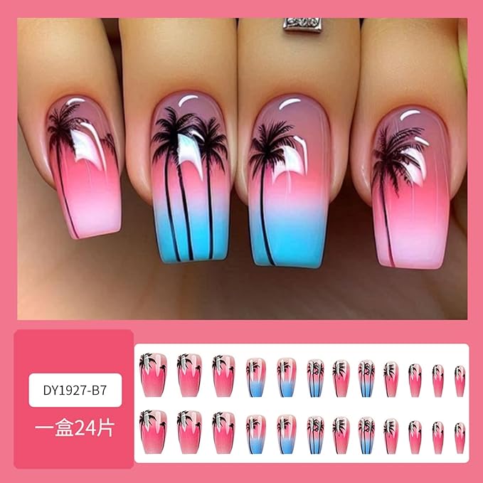 French Tip Press on Nails Medium Coffin Fake Nails with Coconut Tree Designs Seaside Starry Sky Gradient Glue on Nails Pink Blue Acrylic Nails Summer Beach Stick on Nails for Women Girls